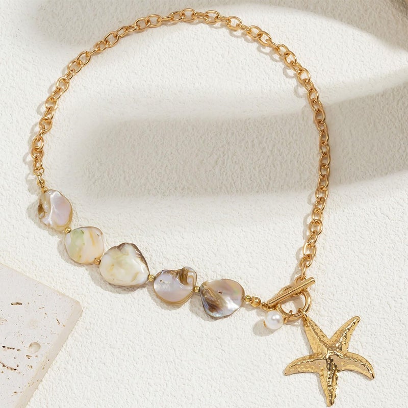 MIFYNN Gold Shell Starfish Necklace for Women Pearl Shell Necklace Layered Beaded Starfish Necklaces Summer Beach Surf Jewelry Gifts for Women - Image 5